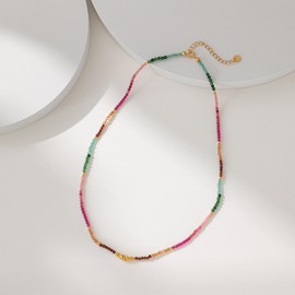 glairie Rainbow Beaded Gemstone Necklace, Gold Plated Sterling Silver Beads and Charms, Garnet Red Corundum Green Agate Beads, 15 inches with 1.6 inch Adjustable Extender