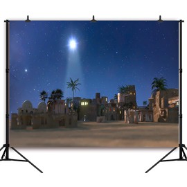 DePhoto 7x5FT Nativity Backdrop Christmas Manger of Jesus Christ Night Bethlehem Town Village Religious Church Background Photo Props Vinyl