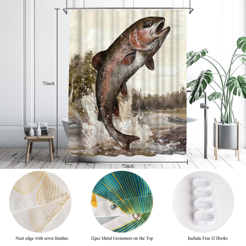 OuElegent Fish Shower Curtain Trout Fish Jumping Bathroom Curtain Lake