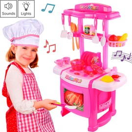 Little Kitchen Play Set, Kids Pretend Play Kitchen with Realistic Lights and Sounds, Simulation of Spray, Water Sink, Utensils Food Accessories Pretend Role Play Toys for Girls Boys