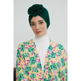 Aisha's Design Instant Turban Head Wraps For Women, 95% Cotton Pretied Hijab Scarves, Rose Detail, Dark Green