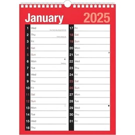 2025 Wallplanner - A4 2 Column Month to View Slim Wallplanner Spiral Bound Calendar for Home Business Office School