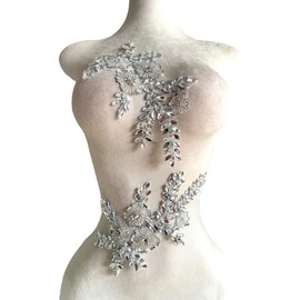 BDACY.HCMY Handmade Rhinestones Bodice Applique sew on Beads Trim Patches Trim Accessories for Wedding Dress Shiny Decorative lace Patch 1 Pair/Set 5.9X10.6inches (Silver)