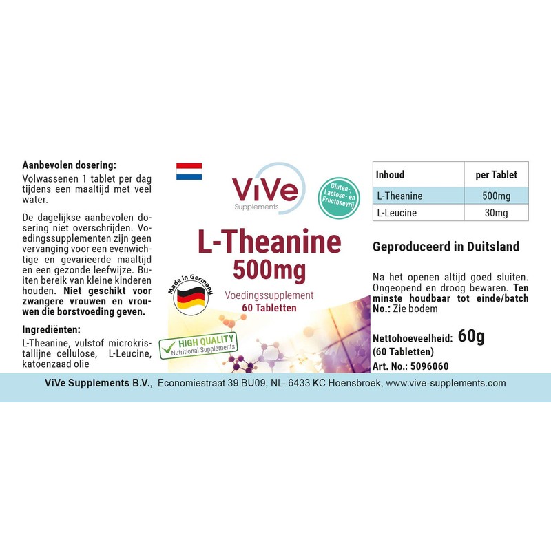 L-Theanine Tablets, 500 mg, 60 Tablets, High Dose, Vegan, Quality