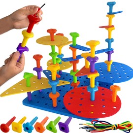 Counting Peg Board for Kids - 65 Pieces DIY Building Set Sensory Board & Occupational Therapy Toys, Color Sorting & Stacking Toy, Lacing Toy , Montessori Sensory Projects Promotes Problem Solving,STEM