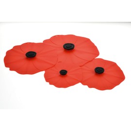 Charles Viancin - Poppy Lid Red Gift-Box - Set of 4 Silicone Lids for Food Storage and Cooking - 11''/28cm + 9''/23cm + 6''/15cm + 4''/10cm - Airtight Seal on Any Smooth Rim Surface