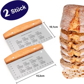 Joyfair Dough Scraper, 2 Pieces Stainless Steel Dough Card Dough Spatula with Wooden Handle, Dough Cutter Kitchen Spatula with Scale Measuring for Cakes, Pizza, Bread and Vegetables, Smooth Surface