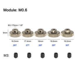 QUARKZMAN M0.6 Sprocket Set 3.175 mm (1/8 Inch) Shaft 26T 27T 28T 29T 30T Aluminium Alloy Motor Sprocket with Steps for 1/10 RC Car (Pack of 5)