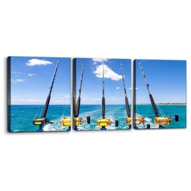 3 Pieces Canvas Wall Art Row of Five Fishing Rod and Reel Pictures Blue Seascape Wall Paintings for Living Room Bedroom Fishing Tackle Artwork HD Prints Modern Home Decor Framed - 12"x16"x3 Panel