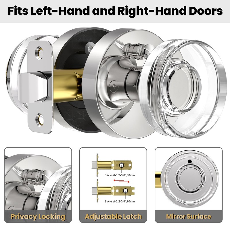 naubea Crystal Door Knob Polished Chrome Interior Privacy Door Knobs