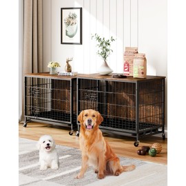 Dog Crate Furniture, 32.5" Wooden Dog Kennel with Wheels & Double Doors, Dog Cage End Table Upgraded, Indoor Dog Crate Dog House for Small Medium Dogs, Rustic Brown