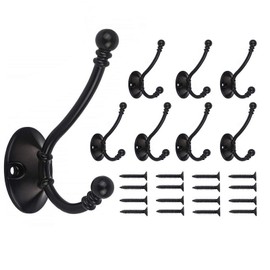 Mokife Coat Hooks Black Heavy Duty, 8 Pack Large Vintage Double Wall Hooks Metal Hanger Screw in Utility Hooks for Hanging Clothes Jackets Robes Towels Hats Keys Bags Backpack Cups