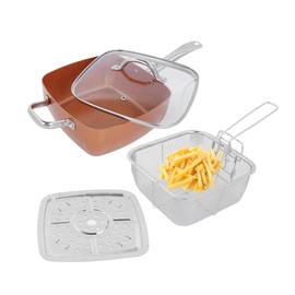 Frying Pan, 4Pcs Stainless Steel Saucepan Portable Non Stick Deep Fryer Multifunctional Kitchen Wok Chip Pans with Basket and Lid 25cm for Steak Chips Crab