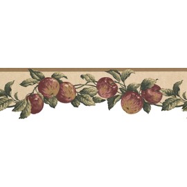 CONCORD WALLCOVERINGS ™ Wallpaper Border Fruit Pattern Apples Leaves, Die Cut Edge for Cottage Kitchen Dining Room, Beige Green Burgundy, 15 ft by 7 in 577103