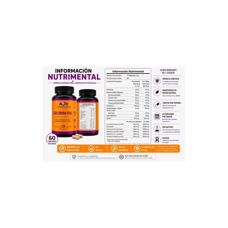 Suplemento A4h Resveratrol Curcumina Antioxidante 120 Caps