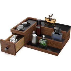 NiHome Handcrafted 3 Tier Wooden Cologne Organizer for Men, Mens Cologne Perfume Stand Organizer Solid Wood W/Hidden Compartments, Multi-Level Storage for Modern Gentleman's Accessory Organization