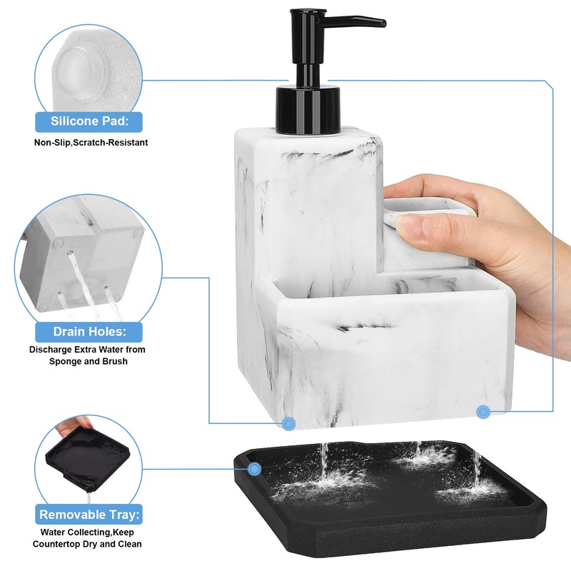 Soap Dispenser with Sponge Holder and Brush Holder,White Marble 3