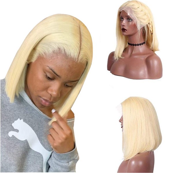 Loviness Short Bob Wig 613 Blonde Human Hair Wigs 8’’ 10’’ 12’’ 14’’ Middle Part Lace Front Silky Straight Hair Wigs 180% Density 13X4 Frontal Pre Plucked(10 inches)