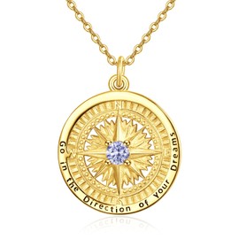 KINGWHYTE Compass Necklace 925 Sterling Sliver Birthstone Pendant Go in the direction of your dream Compass Jewellery Wedding Anniversary Graduation Gifts for Women Wife Girlfriend, Cubic Zirconia