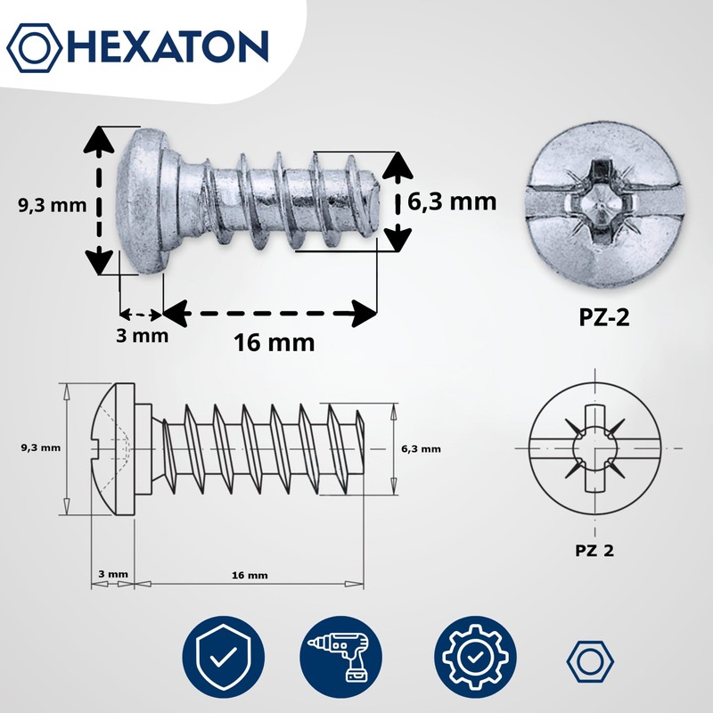 HEXATON Euro Screws with Round Head - 6.3 x 16