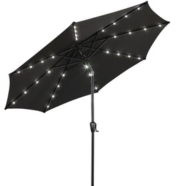 Sun-Ray 9' Round Patio Umbrella with 32 Solar Powered LED Lights, Push-Button Tilt and Hand Crank Lift, Solar Umbrella in Black for Porch, Deck, and Patio