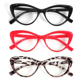 DXYXYO 3 Pack Cat Eye Reading Glasses for Women, Stylish Ladies Designer Readers Anti Blue Light with Spring Hinge, 3.5+ Black+Leopard+Red