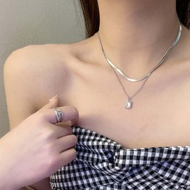 Cimenexe Bohemian Layered Crystal Choker Necklace Silver Cz Square Pendant Necklace Flat Herringbone Chain Necklace Rhinestone Snake Chain Necklace Jewelry for Women