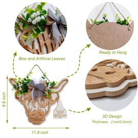 OLMIXA 3D Highland Cow Head Wreath Wooden Sign (11.8x9.6 inch), Outdoor Cow Welcome Door Hanger Sign, Animal with Bow and Artificial Leaves Hanger for Front Door Porch Farmhouse Decor