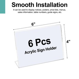 PATIKIL Acrylic Sign Holder, 4x6inch 6 Pack L Shape Display Stand Plastic Paper Picture Frame Menu Number Holder for Wedding Restaurant Office Store Home Use