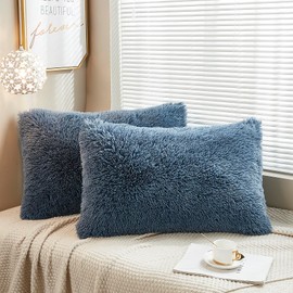 JAUXIO Long Faux Fur Soft Soild Decorative Pillowcase Fluffy Throw Pillow Cover Velvet Shaggy Plush Cushion Case Set of 2 Zipper Closure Queen Size (Dusty Blue, 20"X26")
