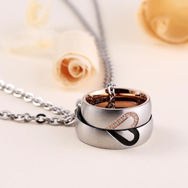 AnaZoz Jewellery, Pair of Stainless Steel Necklace with Ring Pendant, Puzzle Heart Engraved with "I Love You", 5A Cubic Zirconia, Width 6 mm, Rose Gold, Black for Him and Her – Rolo Chain, Rope Chain., Stainless Steel