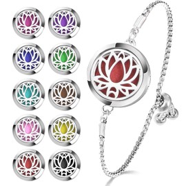 Essential Oil Diffuser Bracelet Aromatherapy Locket Adjustable Bracelet Stainless Steel Lotus Bracelet with 10 Pcs Refill Pads for Women Girls