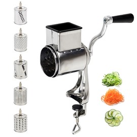 DOONARCES 5-in-1 Rotary Cheese Grater Hand Drum Slicer Manual Cheese Shredder Multi-function Stainless Steel Vegetable Chopper Cutter with 5 Blades for Fruit Potato Cucumber Lemon Nut, Silver (Type2)