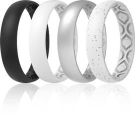 ThunderFit - Alianza de boda de silicona para mujer, transpirable, con ranuras de aireación, 4 mm de ancho, 1.5 mm de grosor, 12 anillos/8 anillos/4 anillos/1 anillo, Negro, plateado, blanco con purpurina plateada, blanco., 5.5 - 6 (16.5mm)