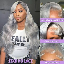 Grey 13x6 Lace Front Wigs Human Hair 200 Density HD Body Wave Lace Front Wigs Human Hair Pre Plucked Pre Cut Lace Frontal Wig 13x6 Body Wave Wig for Women 24 Inch