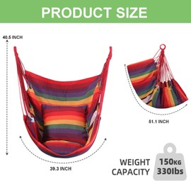 Goutime Hammock Chair,Indoor Hanging Rope Swing,Tree Swinging Chairs for Outside,Outdoor,Home, Bedroom,Patio,Yard,Garden,Balcony,Max 330 Lbs,Rainbow