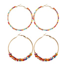 2 Pairs Bohemian Colorful Beads Circle Round Hoop Earrings Gold Hoop Dangle Earrings for Women Vintage Boho Jewelry-colorful