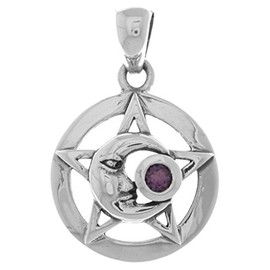 Jewelry Trends Sterling Silver Moon Star Pentacle Pendant with Amethyst