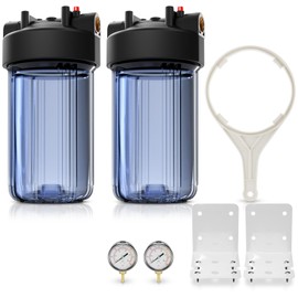 2 Pack 10" BB Clear Whole House Water System Filter Housing 1" NPT Brass Ports w/Pressure Release, 2 Pressure Gauges, Wrench and 2 Brackets
