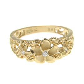 Arthur's Jewelry Yellow gold plated silver 925 Hawaiian 3 plumeria flower cz ring maile leaf cut out scroll size 9