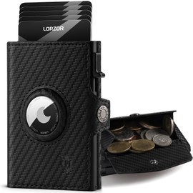 LORZOR AirTag Wallet with XXL Coin Compartment for 10+ Coins, Slim Wallet AirTag, Men's Genuine Leather Wallet, AirTag Wallet Men's Wallet, Card Holder RFID Protection, Smart Wallet, Wallet, carbon