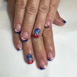 Independence Day Press on Nails Short,Square False Nails with Star Design Blue White Tip Acrylic Nails 4th of July Fake Nails Full Cover Stick on Nails for Women Girls 4th of July Nail Art Decor 24Pcs