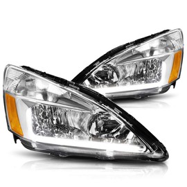 PM PERFORMOTOR Headlights Assembly Compatible with 2003-2007 Honda Accord, Pair of Headlamps with LED DRL, Chrome Housing/Amber Corner