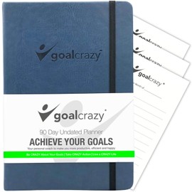 Goal Crazy Undated Planner - 90 Day Guided Journal, 2024 2025 Weekly Organization, Productivity Habit Tracker, Inspirational, Life Setting, Navy Blue Leather, Almond Pages