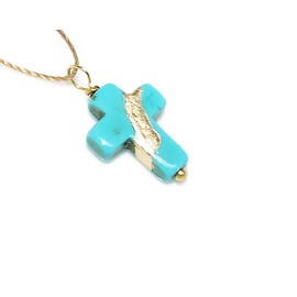 Kintsugi Petite Cross Turquoise Howlite, Broken, Mended with 23k Gold, Cord Necklace