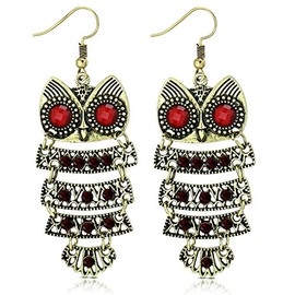 Fashion Alloy Yellow Gold-Tone Red CZ Drop Dangle Owl Statement Earrings, 2.70"