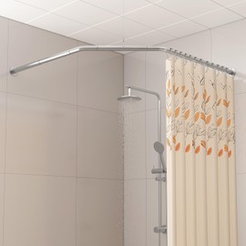 Yampos Diamond Shaped Corner Shower Curtain Rod, [Both Sides: 22"-34.8", Middle: 28"-43.7"] Adjustable Heavy Duty Angled Shower Curtain Pole for Bathroom with 12 Hooks & Ceiling Support