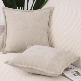 Madizz Fringe Chenille Cushion Covers Set of 2 Super Soft Boho Throw Pillow Covers Decorative Plain Throw Pillowcases Modern Home Decor for Sofa Bedroom Light Taupe 24x24 inch, 60x60 cm