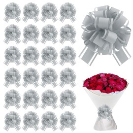 24 PCS Grey Ribbon Bow for Gift Wrapping Pull Bows Organza Bows Ribbon Baskets Wedding Christmas Birthday Party Gift Valentine's Day Flower Gift Boxes Bouquets Festivals Decoration