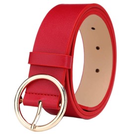 MESHIKAIER Women Fashion PU Leather Belt Casual Waist Belt with Round Metal Buckle (Red)